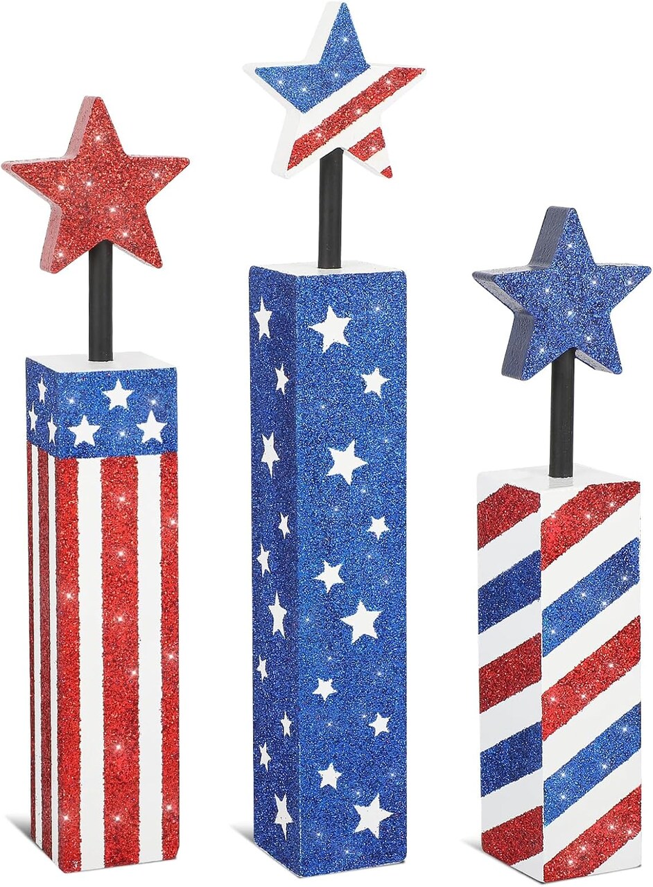 4th of July Wooden Patriotic Decorations Set – Red, White & Blue Tiered Tray, Table & Home Decor for Independence Day, Memorial Day & Labor Day